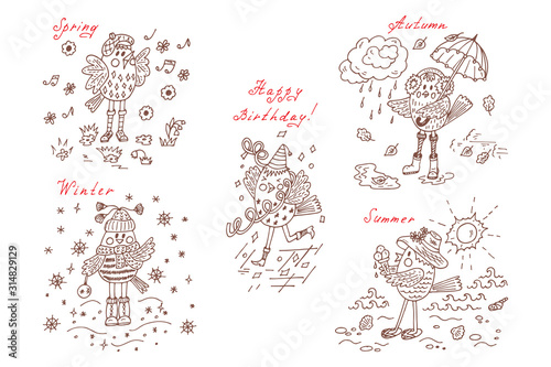 Birds set. Seasons set. Four seasons icons. Times of year. Weather. Autumn. Summer. Winter. Spring. Cartoon birds at different times of year and birthday - Hand drawn doodles vector illustration