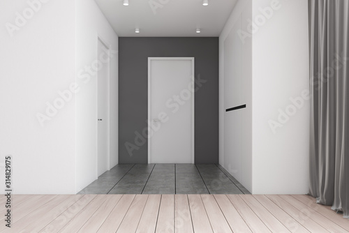 Empty apartment hall with doors and wardrobe