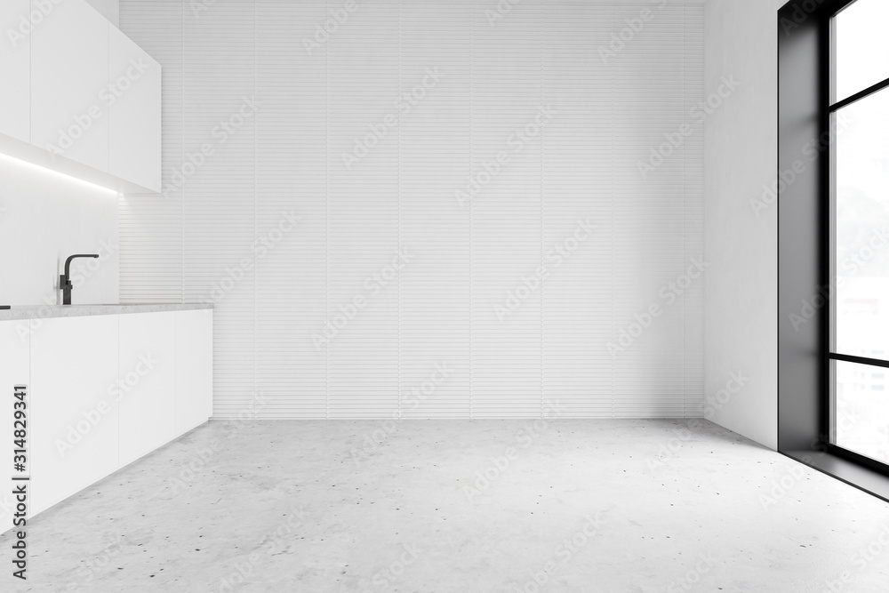 Minimalistic spacious white kitchen interior - obrazy, fototapety, plakaty 