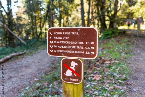 Signs posted at a trail junction offering trail information and warning that dogs are not allowed, Purisima Creek Redwoods Preserve, Santa Cruz mountains, California