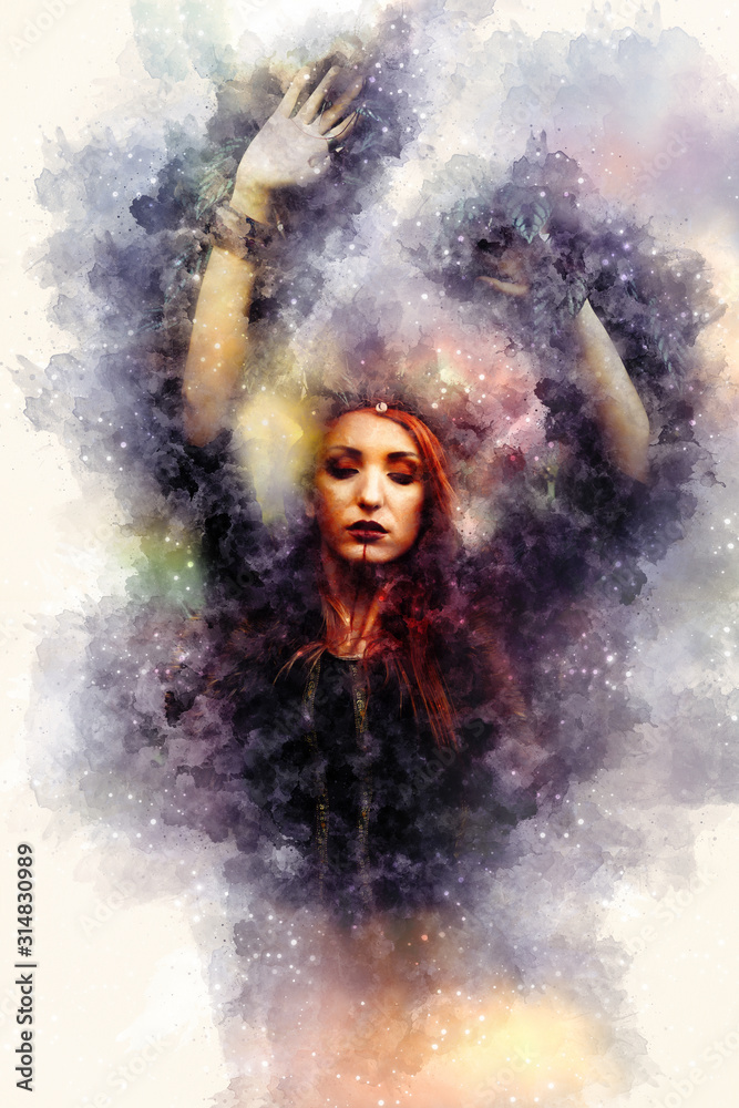 Beautiful woman and softly blurred watercolor background. Beautiful woman and softly blurred watercolor background.