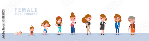 Female from child to old. Isolated vector cartoon illustration in flat design style.