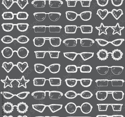 Fashionable accessories. Hand Drawn Doodle Glasses Seamless pattern. Different shapes sunglasses  eyeglasses - Black and white Vector illustration