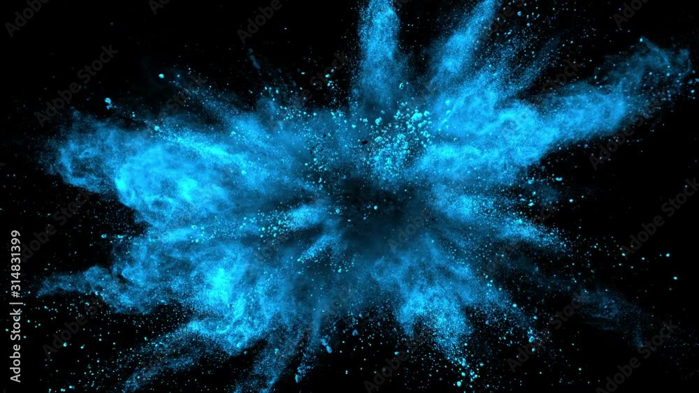 Super Slowmotion Shot of Blue Powder Explosion Isolated on Black Background at 1000fps.