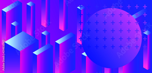 Abstract geometric minimal background with 3d isometric blocks in neon 80's-90's fluorescent lighting. Retrofuturistic Vaporwave and Synthwave style illustration.