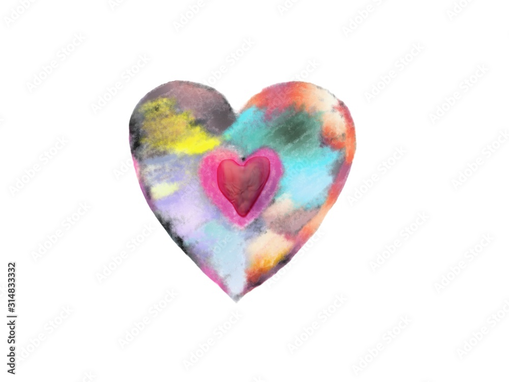 Multicolored watercolor drawing of a heart.