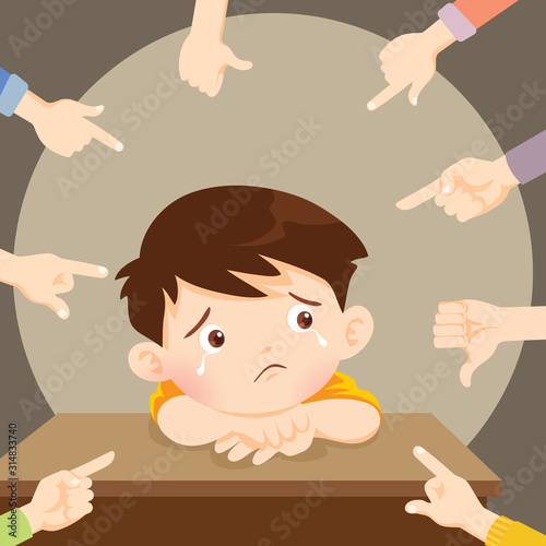 Sad boy crying surrounded by pointing hands mocking bully him