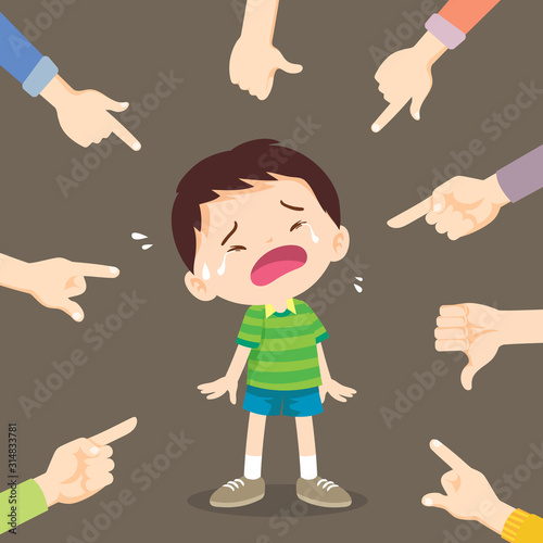 Sad boy standing on floor surrounded by pointing hands mocking bully him