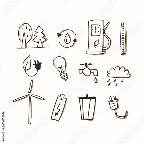 Ecology icons on isolated background: bio, natural, nature, electric car, green, trees. Use for logo, articles in the magazine and on the website. Hand drawing, vector. EPS 10.