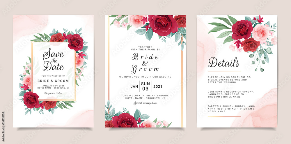 Set of card with flowers decoration. Invitation template set with floral  bouquets. Roses and leaves botanic illustration for wedding card, background,  save the date, greeting, poster, cover vector Stock Vector | Adobe