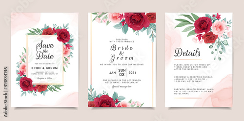 Set of card with flowers decoration. Invitation template set with floral bouquets. Roses and leaves botanic illustration for wedding card, background, save the date, greeting, poster, cover vector