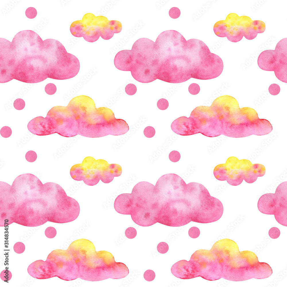 A pattern of multicolored clouds. Pink, yellow. The background Fairy-tale sky.Watercolor illustrations isolated on white background. Cute print A pattern of multicolored clouds. Pink, yellow. The background Fairy-tale sky.Watercolor illustrations isolated on white background. Cute print