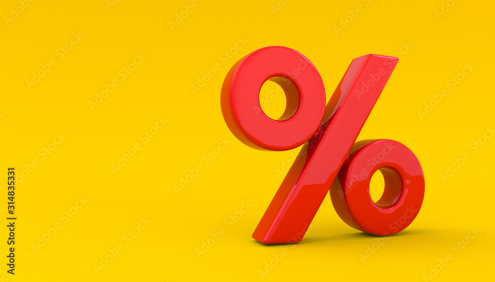 Seasonal sales yellow background with percent discount pattern. 3D - obrazy, fototapety, plakaty 