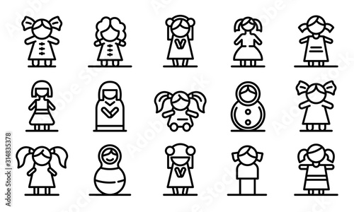 Doll icons set. Outline set of doll vector icons for web design isolated on white background