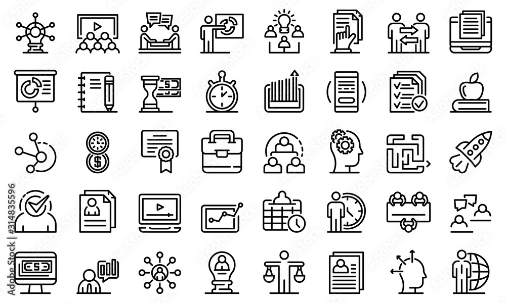 Business training icons set. Outline set of business training vector icons for web design isolated on white background - obrazy, fototapety, plakaty 