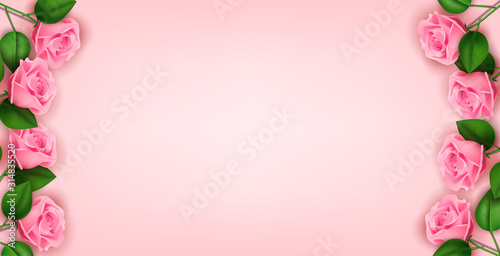 Rose flowers pink blooming in the pastel color style for background. 3 d Vector illustration with copy space.