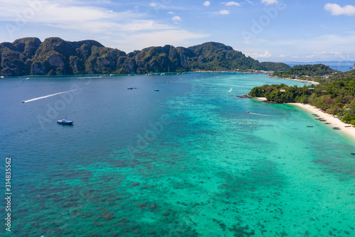 phi phi island and  tourist boat aerial view