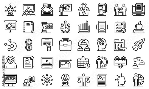Business training icons set. Outline set of business training vector icons for web design isolated on white background