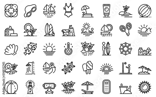 Beach landscape icons set. Outline set of beach landscape vector icons for web design isolated on white background