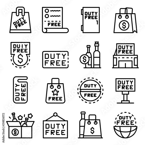 Duty free shop icons set. Outline set of duty free shop vector icons for web design isolated on white background