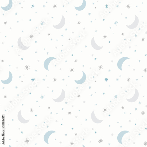 Moon and stars vector pattern. Night sky, cosmos, space seamless background in light pastel colors. 