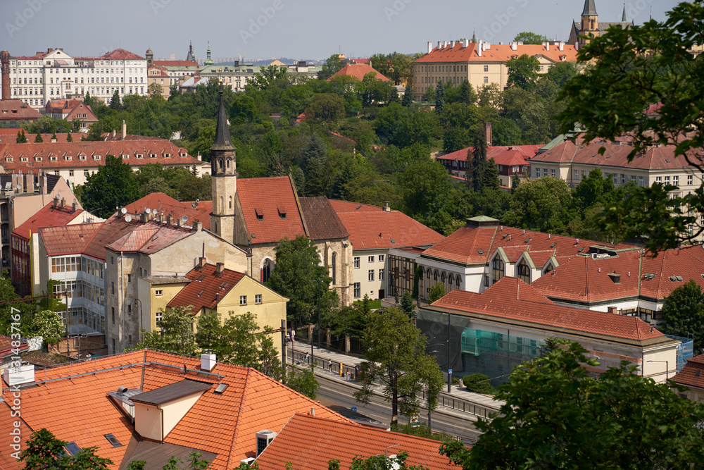 Typical roofs. Top view - roofs with red tiles in old buildings. There are beautiful houses in green trees. Horizontal photo colorful European city Prague in Czech Republic, travel in tourist place