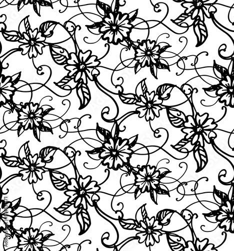 Floral cute hand drawn doodle pattern background with flowers and leaves