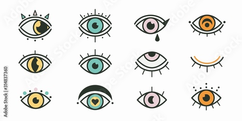 Abstract outline colored eyes, eyelashes. Closed and open. Minimalistic look and vision icons. Graphic vector set. Simple design. Trendy illustration. All elements are isolated