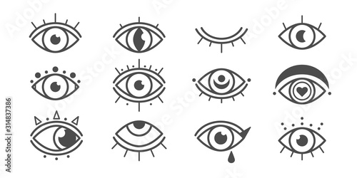Abstract outline eyes, eyelashes. Closed and wide open. Minimalistic Look and Vision icons. Graphic vector set. Simple design. Trendy illustration. All elements are isolated
