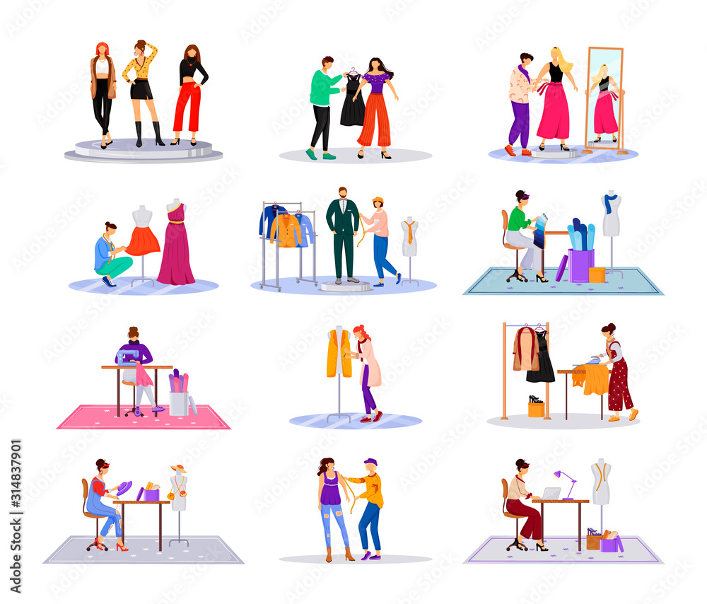 Fashion designer in atelier flat color vector illustrations set. Creating stylish clothes. Runway models outfits. Designing new collection in studio isolated cartoon characters on white background