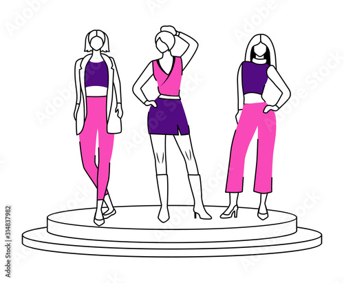 Fashion runway girls flat contour vector illustration. Models demonstrate new trends, clothes and accessories. New collection isolated cartoon outline character on white background. Simple drawing