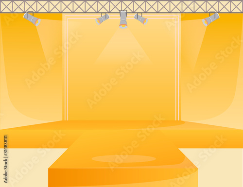 Yellow runway platform flat color vector illustration. Empty podium stage. Catwalk with spotlights. Fashion week demonstration area. Presentation of new collection. Fashion shows background