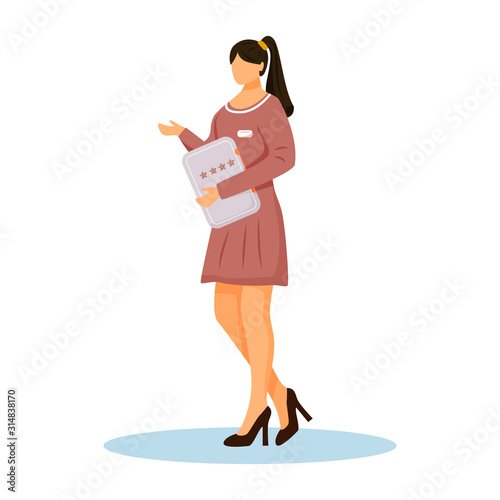 Resort manager with quality rating stars flat color vector illustration. Female hotel staff with badge. Client reviews. Administration personnel. Worker isolated cartoon character on white background