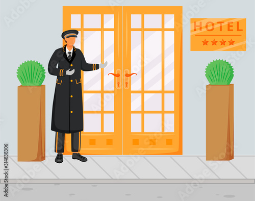Doorman in uniform flat vector illustration. Doorkeeper in hat and coat standing near entrance. Concierge on street welcoming guests. Hospitality service. Hotel staff cartoon character