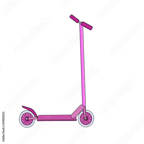 Kick scooter isolated on white background. Flat push bike vehicle. Cute color kick scooter. Eco transport for kids. Roller scooter for children. Cartoon red balance bike. Stock vector illustration.
