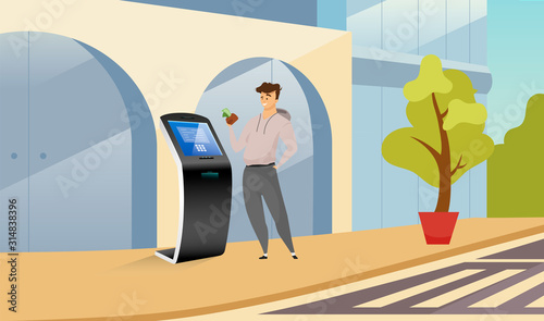 Automated teller machine flat color vector illustration. Smiling man near cash kiosk cartoon character with street on background. Financial transaction software. Self service electronic equipment