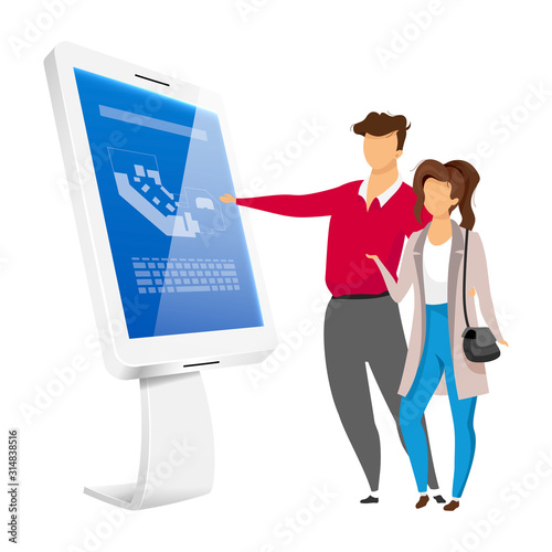People and information kiosk flat color vector faceless characters. Couple standing near sensor self service panel isolated cartoon illustration on white background. Freestanding internet construction