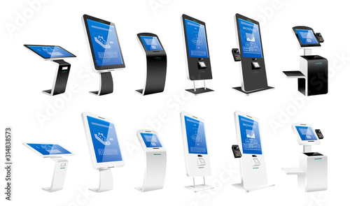 Self order kiosks realistic vector illustrations set. Modern interactive machines and internet software flat color objects. Payment terminals and atm constructions isolated on white background