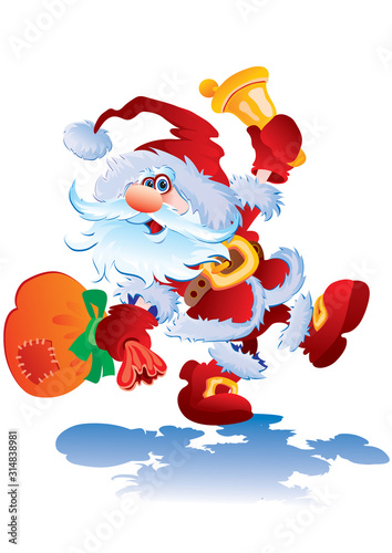 merry santa claus jumping fun and ringing a bell, vector illustration