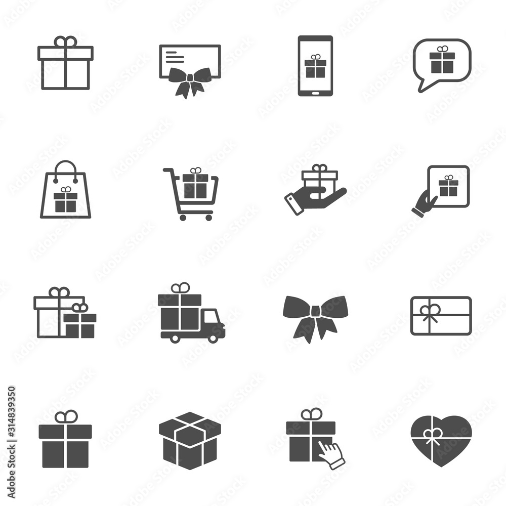 Gift box vector icon set isolated on white background. Gift box icons for web, mobile apps, ui design and print. Holiday shopping business concept
