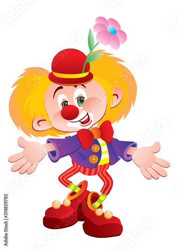 funny clown with yellow hair and a red hat, a red flower in his hair and a red bow tie on his neck, isolated object on a white background, vector illustration