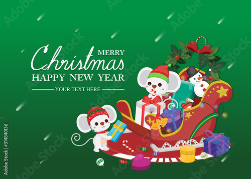 Merry Christmas greeting card with cute rat. Vector illustration Cute Christmas template. The year of rat.