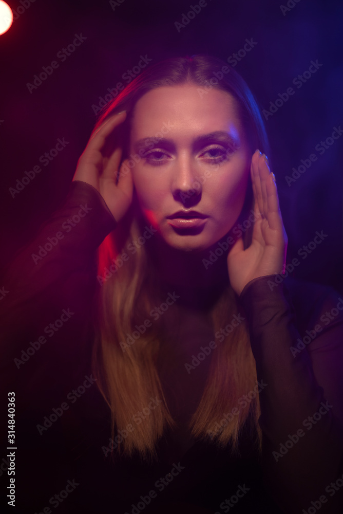 neon light and portrait of a girl.