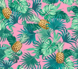 Papier peint photo Jungle Ananas feuilles exotiques motif tropical coloré  © Aglaia