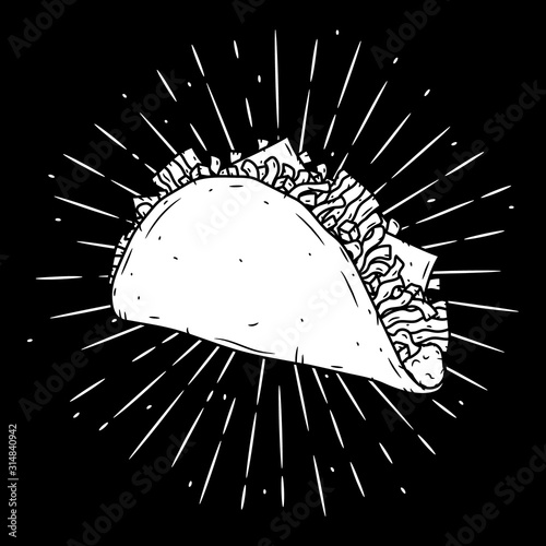 Taco. Traditional Mexican food. Vector illustration isolated on black background.