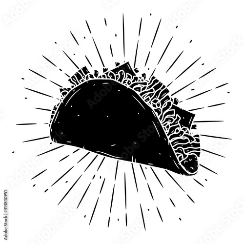Taco. Traditional Mexican food. Vector illustration isolated on black background.
