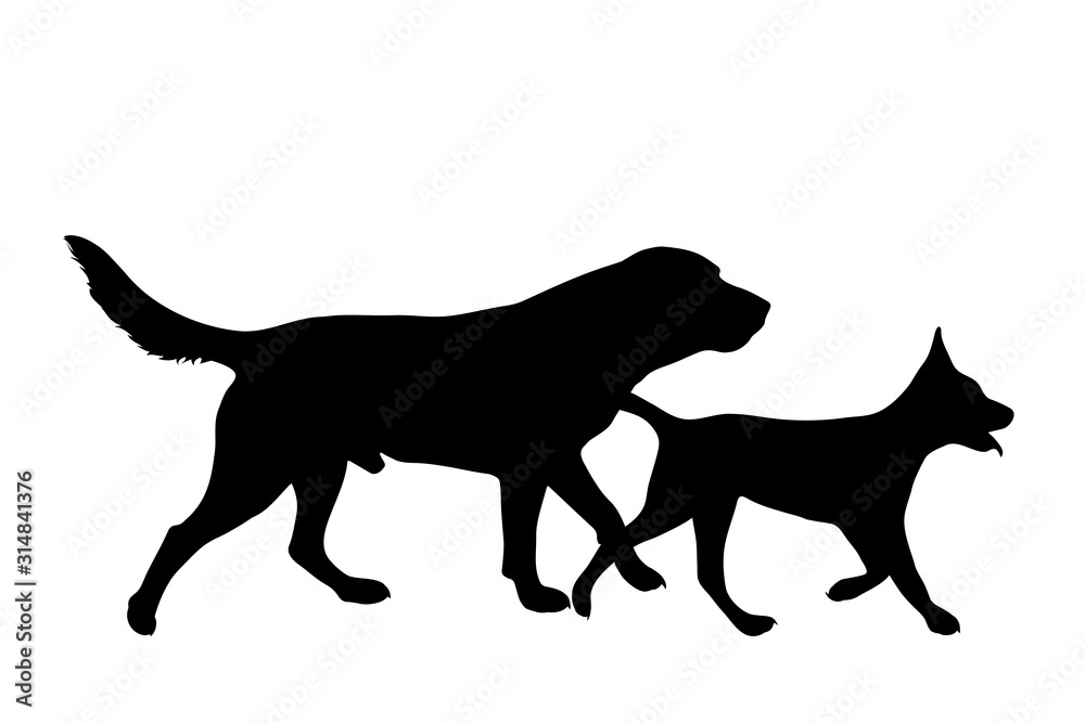 Vector silhouette of dog on white background. Symbol of group of pets who plays together.