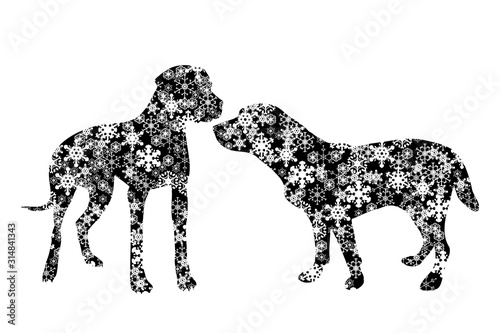 Vector silhouette of snowy dogs on white background. Symbol of puppy in winter with snowflakes.