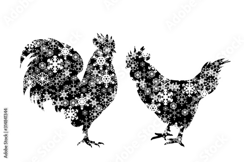 Vector silhouette of snowy hen and rooster on white background. Symbol of poultry in winter with snowflakes.