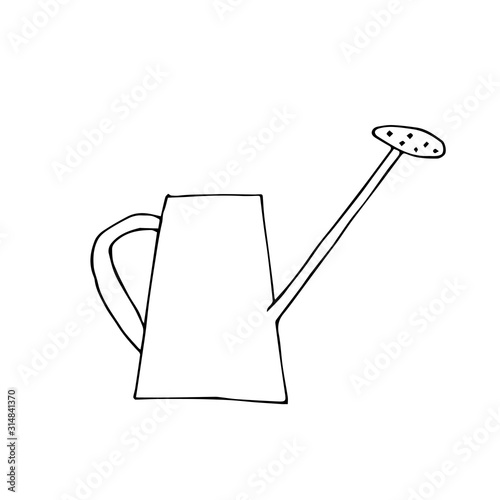 One vector watering can hand drawn clip art. Black gardening illustration line art on a white isolated background. Design for wrapping paper, stickers, cards, packages and coloring.